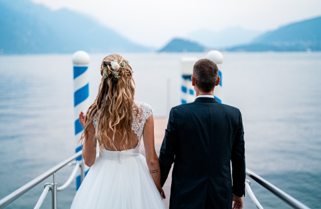 bride and groom on the water