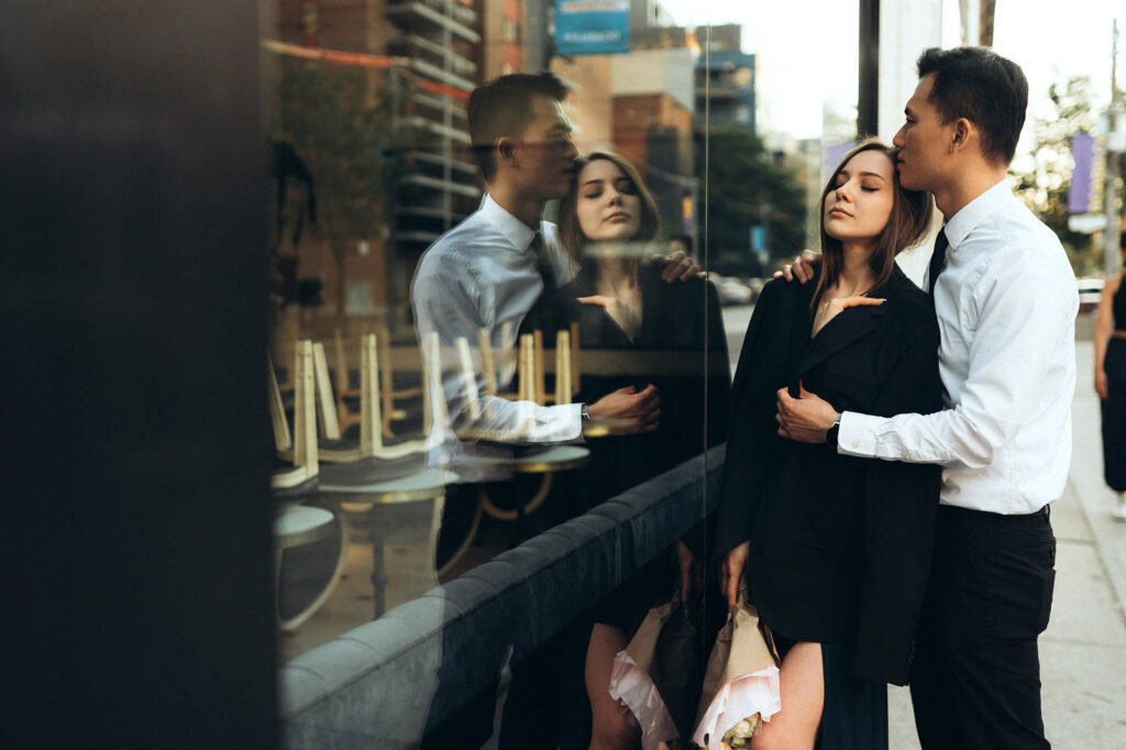 Connection Through Reflection - creative couple pose idea for photoshoot