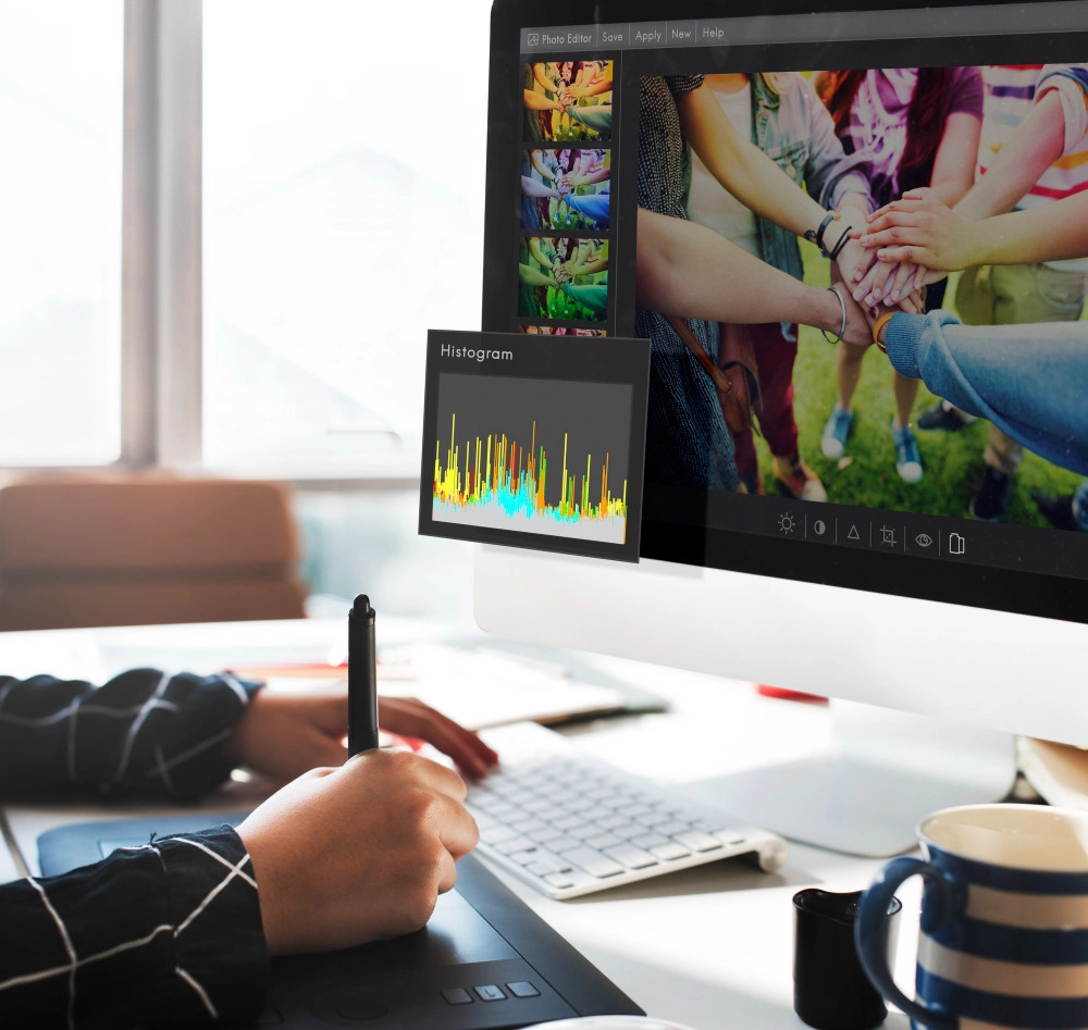 Videographer during the lengthy and tedious process of manual video color correction